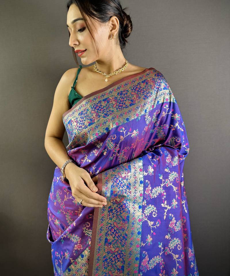 purple satin silk blend zari woven saree with unstitched blouse piece.