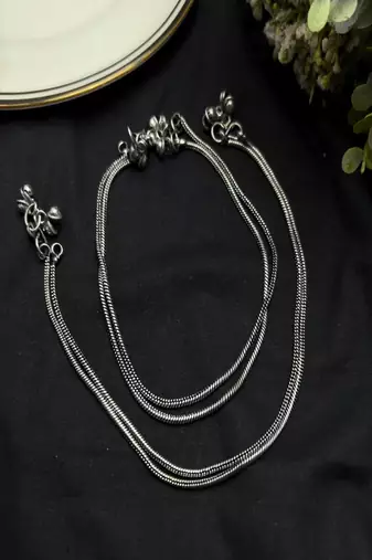 Double snake chain silver anklet with bells | indian payal pair | ethnic beach anklet