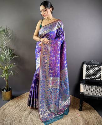purple satin silk blend zari woven saree with unstitched blouse piece. 2