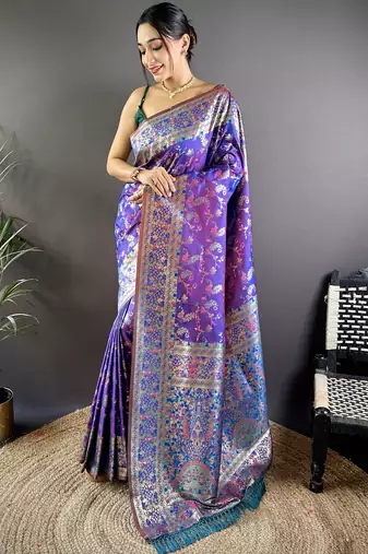 purple satin silk blend zari woven saree with unstitched blouse piece.