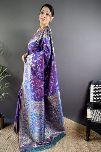 purple satin silk blend zari woven saree with unstitched blouse piece.