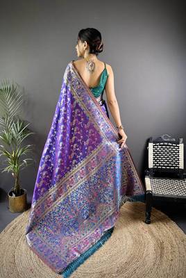 purple satin silk blend zari woven saree with unstitched blouse piece. 4