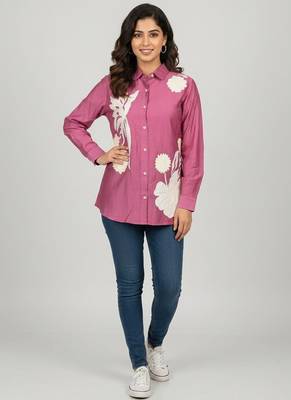 Mauve floral embroidered long-sleeve shirt 1