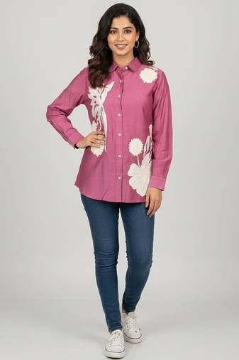 Mauve floral embroidered long-sleeve shirt