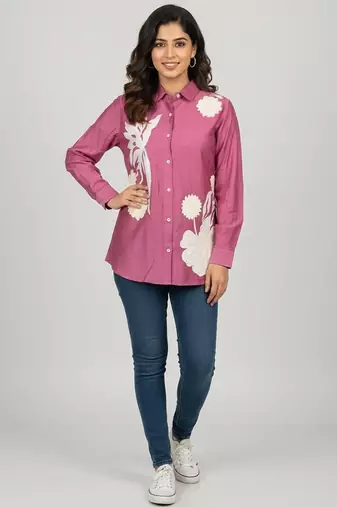 Mauve floral embroidered long-sleeve shirt