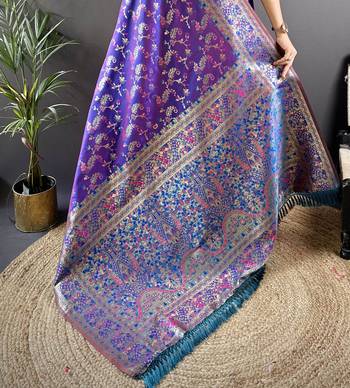 purple satin silk blend zari woven saree with unstitched blouse piece. 5