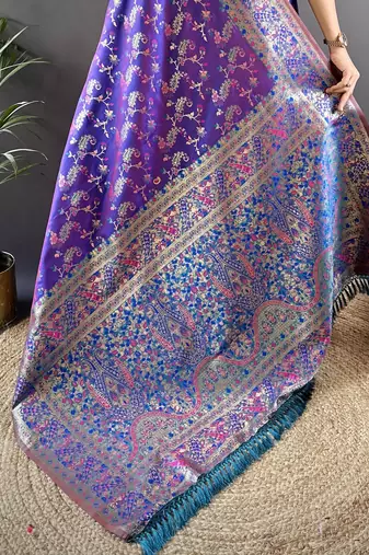 purple satin silk blend zari woven saree with unstitched blouse piece.