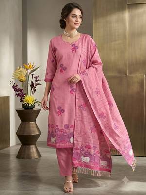 Pink handwoven jamdani cotton suit 1