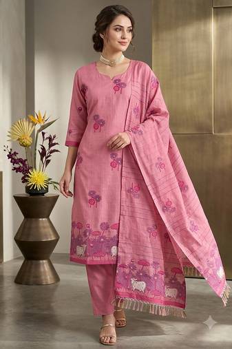 Pink handwoven jamdani cotton suit
