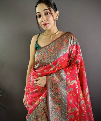 rani satin silk blend zari woven saree with unstitched blouse piece. 1