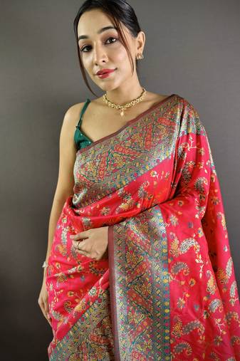 rani satin silk blend zari woven saree with unstitched blouse piece.