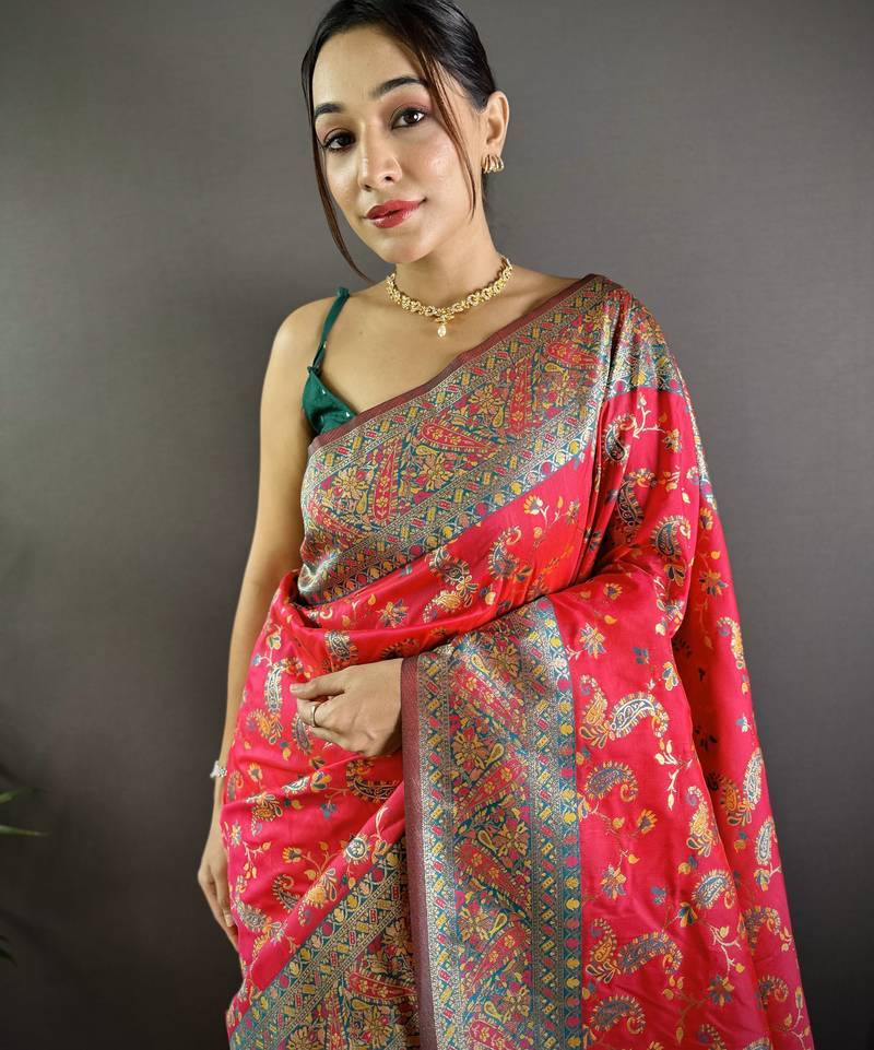 rani satin silk blend zari woven saree with unstitched blouse piece.