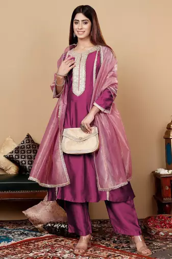 Yoke Design Regular Sequinned Kurta with Trousers & With Dupatta
