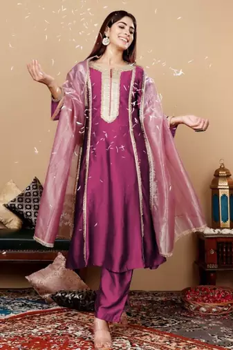 Yoke Design Regular Sequinned Kurta with Trousers & With Dupatta