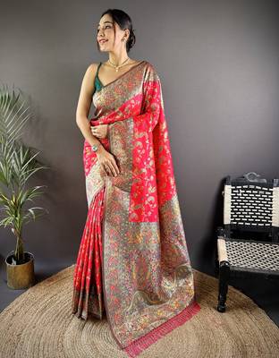 rani satin silk blend zari woven saree with unstitched blouse piece. 2