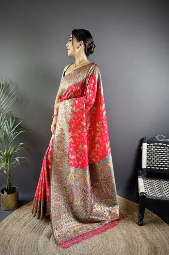 rani satin silk blend zari woven saree with unstitched blouse piece.
