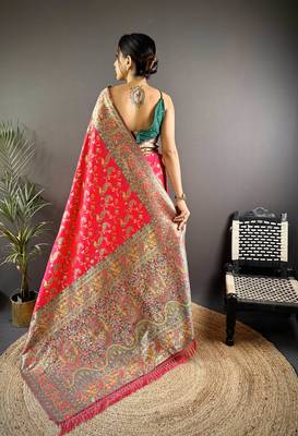 rani satin silk blend zari woven saree with unstitched blouse piece. 4