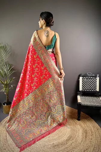 rani satin silk blend zari woven saree with unstitched blouse piece.