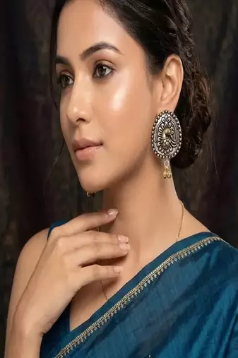 Oxidized peacock earrings, dual tone indian statement studs