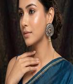 Oxidized peacock earrings, dual tone indian statement studs
