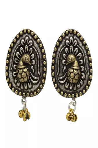 Oxidized peacock earrings, dual tone indian statement studs