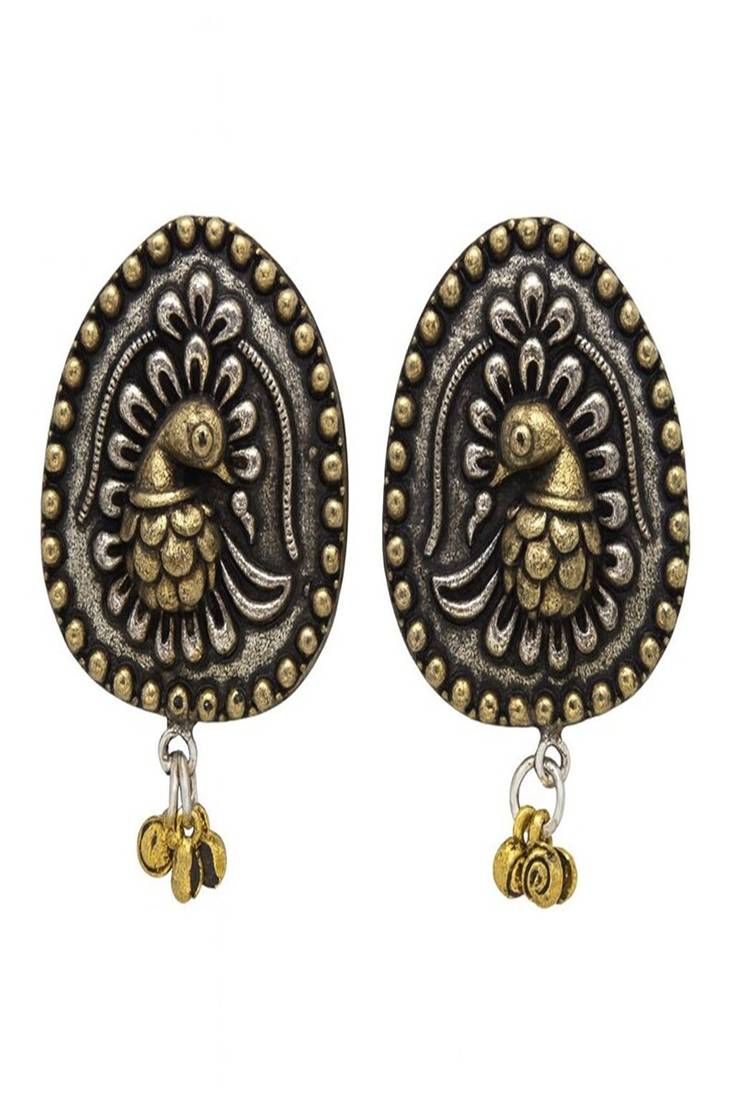 Oxidized peacock earrings, dual tone indian statement studs