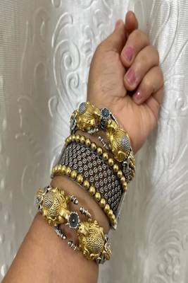 Dual tone silver gold plated elephant kada bangle set •tribal fusion oxidized cuff bracelet 1