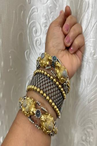 Dual tone silver gold plated elephant kada bangle set •tribal fusion oxidized cuff bracelet