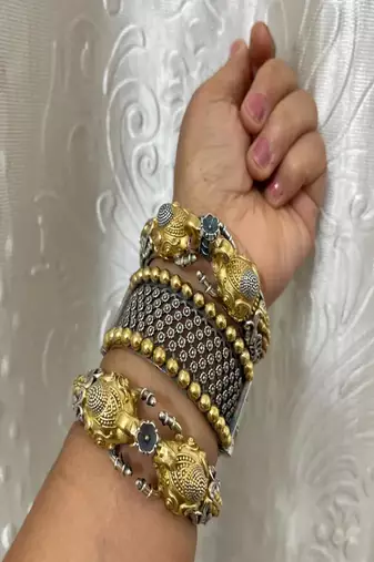 Dual tone silver gold plated elephant kada bangle set •tribal fusion oxidized cuff bracelet