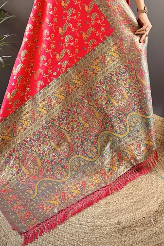 rani satin silk blend zari woven saree with unstitched blouse piece.