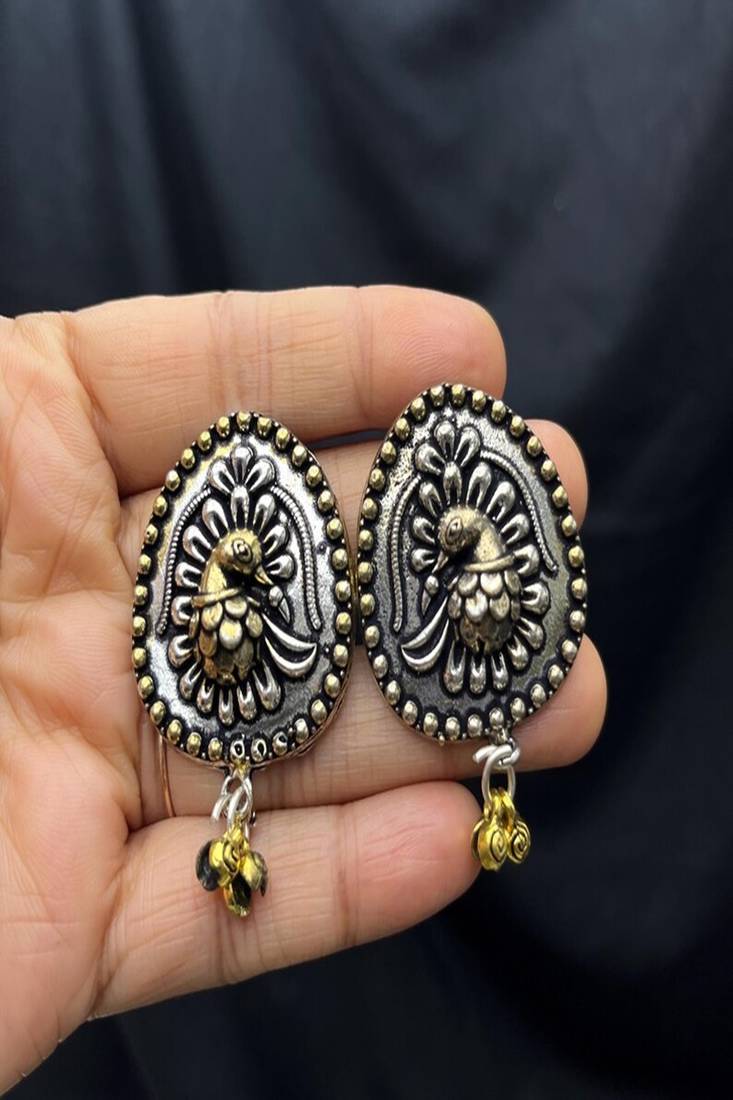 Oxidized peacock earrings, dual tone indian statement studs