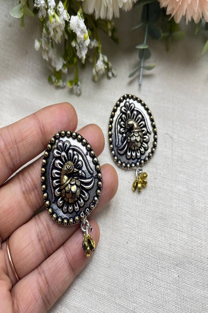 Oxidized peacock earrings, dual tone indian statement studs