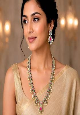 Long temple necklace set with earrings, ruby green stone bridal jewelry 1