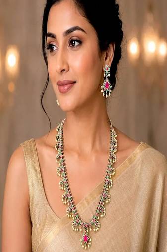Long temple necklace set with earrings, ruby green stone bridal jewelry