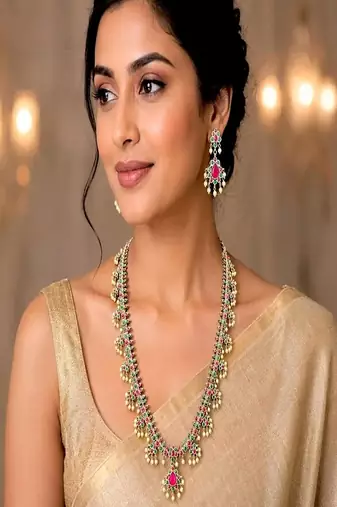 Long temple necklace set with earrings, ruby green stone bridal jewelry