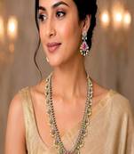 Long temple necklace set with earrings, ruby green stone bridal jewelry