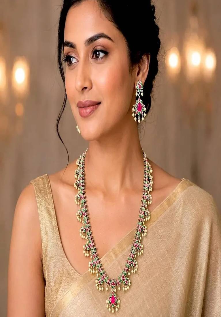 Long temple necklace set with earrings, ruby green stone bridal jewelry