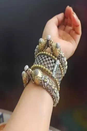 Dual tone silver gold plated elephant kada bangle set •tribal fusion oxidized cuff bracelet