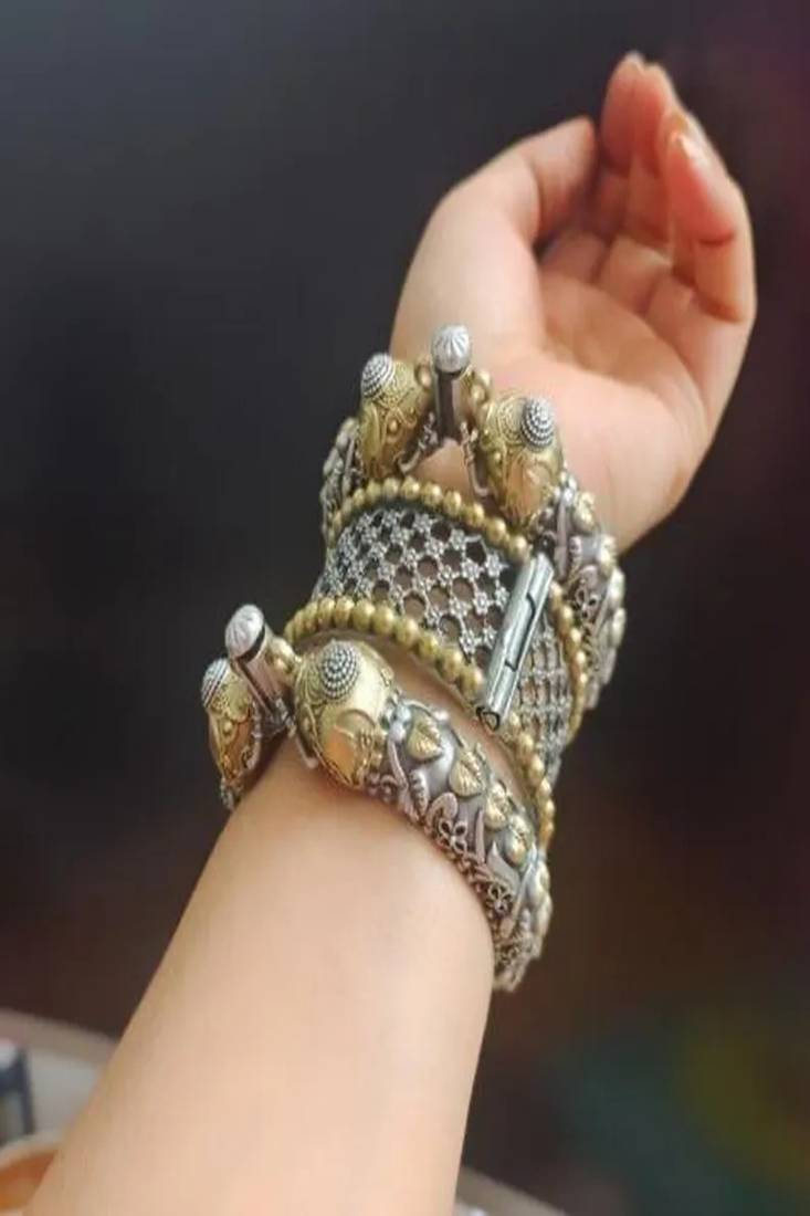 Dual tone silver gold plated elephant kada bangle set •tribal fusion oxidized cuff bracelet