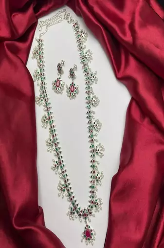Long temple necklace set with earrings, ruby green stone bridal jewelry