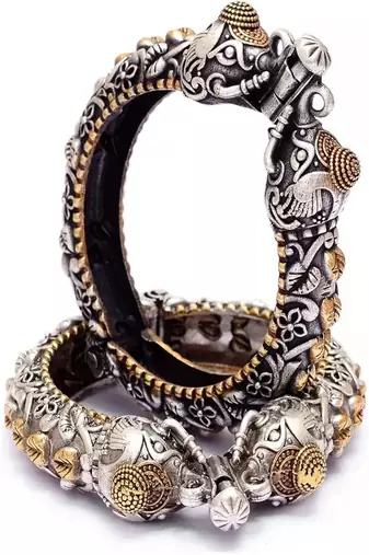 Dual tone silver gold plated elephant kada bangle set •tribal fusion oxidized cuff bracelet