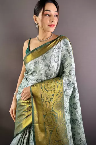 grey tissue silk blend kanjeevaram zari woven saree with unstitched blouse piece.