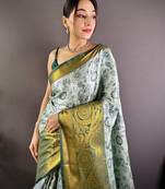 grey tissue silk blend kanjeevaram zari woven saree with unstitched blouse piece.