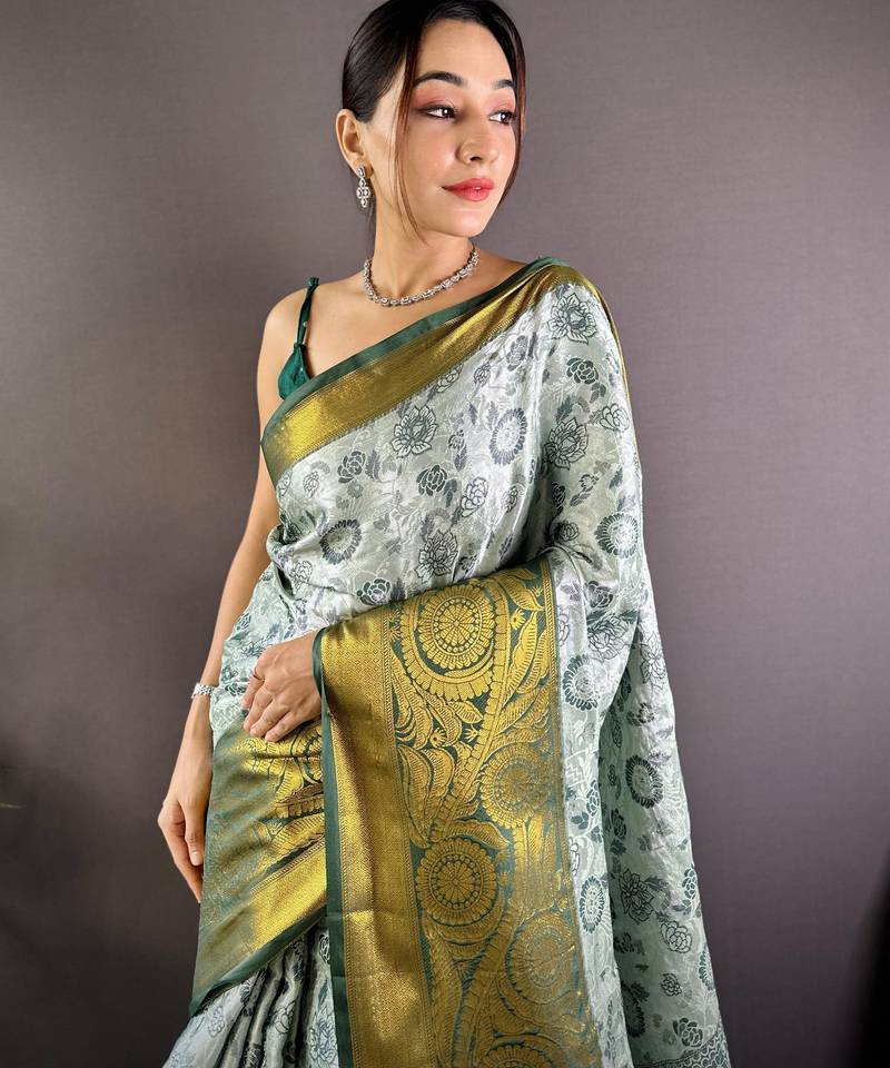 grey tissue silk blend kanjeevaram zari woven saree with unstitched blouse piece.