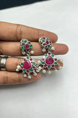Long temple necklace set with earrings, ruby green stone bridal jewelry 3