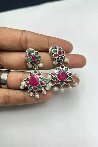 Long temple necklace set with earrings, ruby green stone bridal jewelry