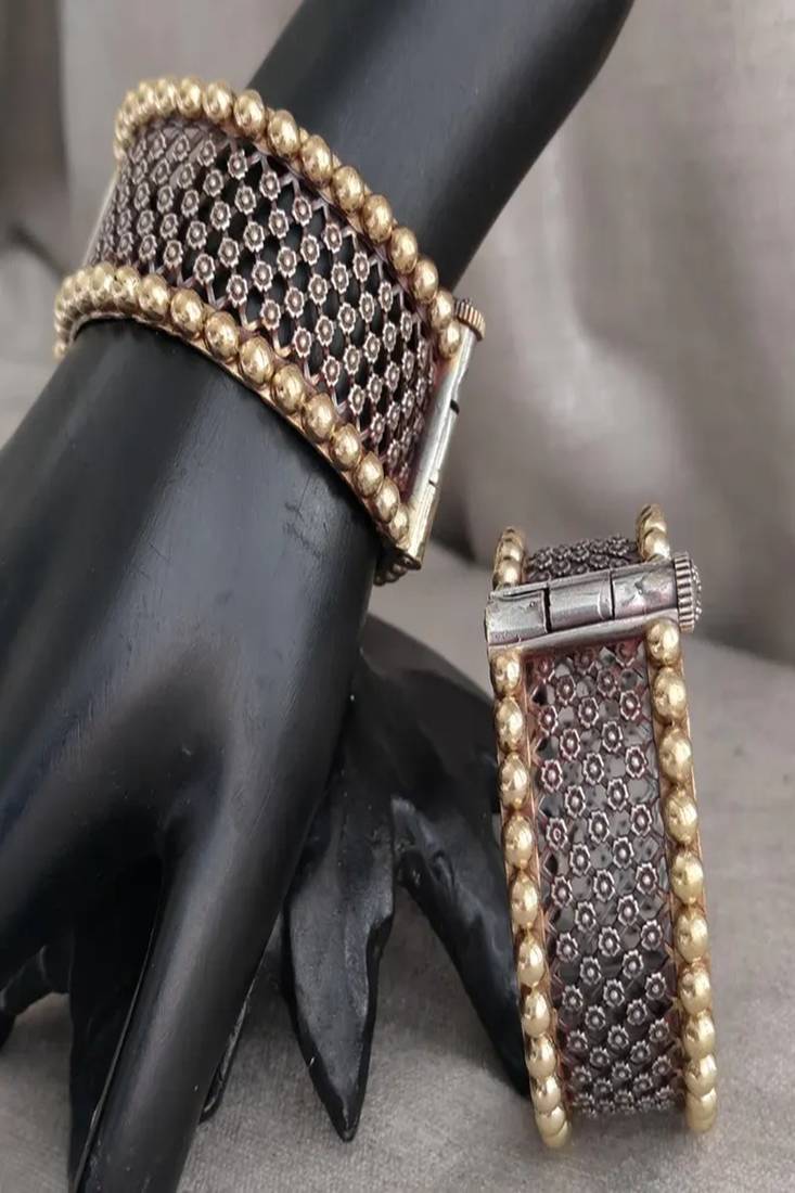 Dual tone silver gold plated elephant kada bangle set •tribal fusion oxidized cuff bracelet