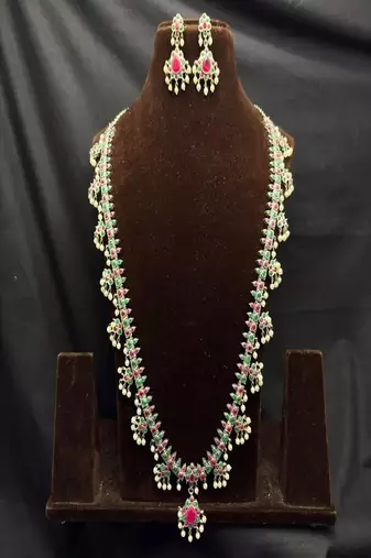 Long temple necklace set with earrings, ruby green stone bridal jewelry