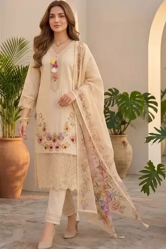 Women Floral Embroidered Regular Thread Work Pure Cotton Kurta with Trousers & With Dupatta