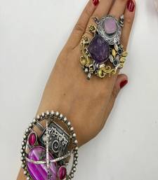 Chunky boho statement jewelry: raw amethyst ring & pink agate mantra cuff bracelet